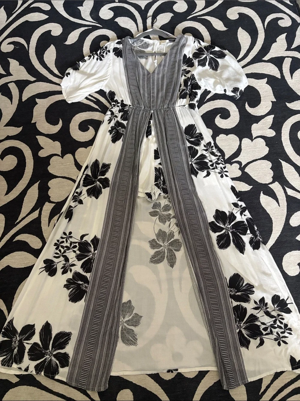 Japna White Maxi Dress with Black Floral Print and Gray Trim - Picture 1 of 4